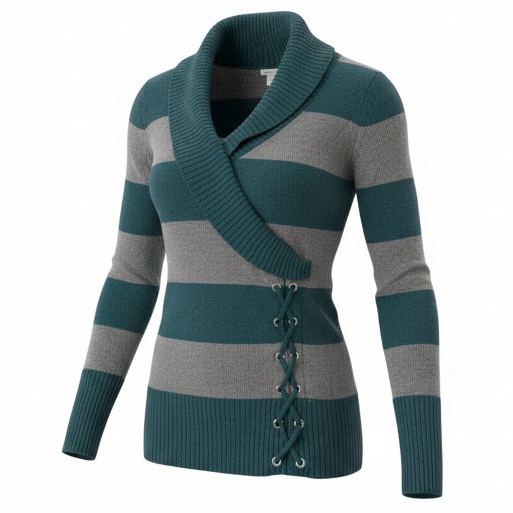 Vintage Guess Teal & Grey Striped Shawl Collar Cardigan Lace Up Side Small